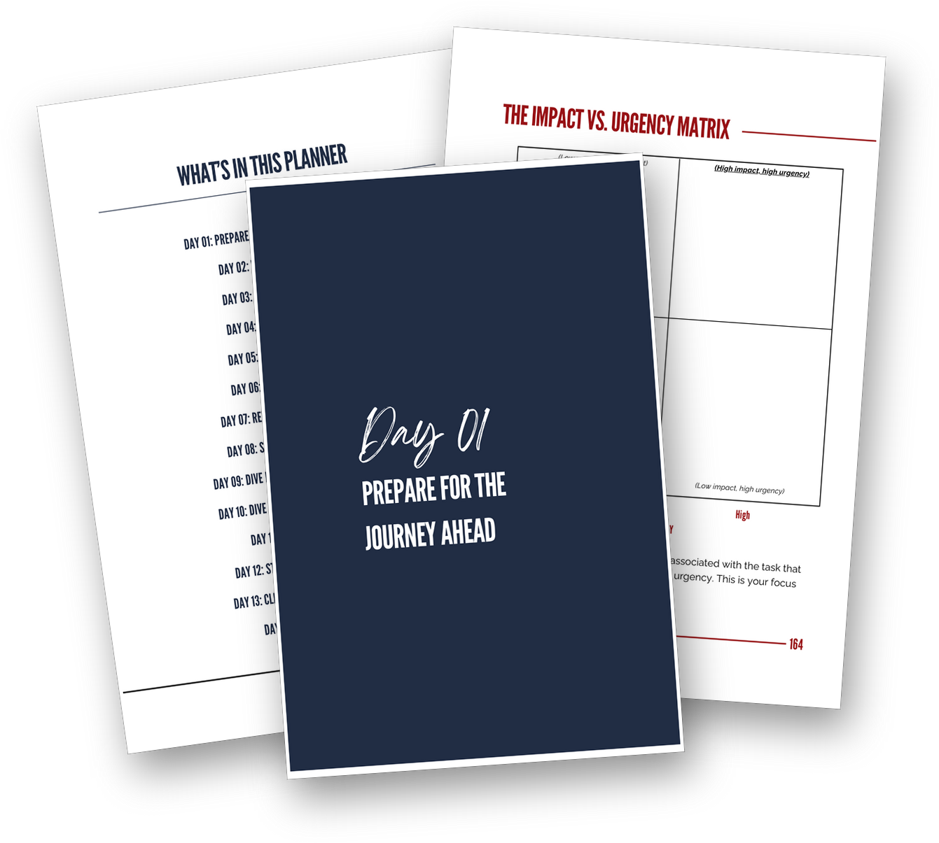 Free sample pages: the planner contents, Day 01, and the Impact vs Urgency Matrix framework